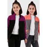 Lela Yumuşak Dokulu Fermuarlı Renk Bloklu Dik Yaka Cepli 2'li Paket Hırka Çocuk Polar 5905001S2 Mor Siyah-Somon Gri