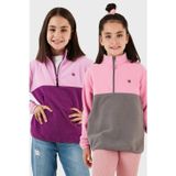 Lela Yumuşak Dokulu Yarım Fermuarlı Renk Bloklu Dik Yaka Unisex Çocuk 2'li Paket Polar 5905004S2 Şeker Pembe Gri-Şeker Pembe Mor