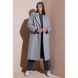 Lela Yün Karışımlı Oversize Kruvaze Yaka Yırtmaçlı Uzun Kaşe Bayan Kaban 6810235 GRİ