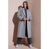 Lela Yün Karışımlı Oversize Kruvaze Yaka Yırtmaçlı Uzun Kaşe Kaban Bayan Kaban 6810235 - Gri