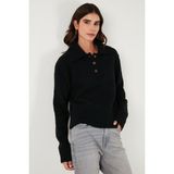 Lela Yün Karışımlı Regular Fit Düğmeli Polo Yaka Kazak Bayan Polo Yaka Kazak 4617019 - Siyah - Standart