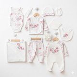 Lenna Baby %100 Pamuk 10’lu Yenidoğan Kız Bebek Hastane Çıkışı Seti Çiçek Desenli Mevlüt Takımı Ekru - 0 - 3 Ay