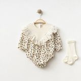 Lenna Baby Dantel Yakalı Leopar Desenli Kız Bebek Tulum & Çorap Seti Romper | %100 Pamuk Uzun Kollu Bebe Body - 0 - 3 Ay - Ekru