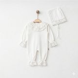 Lenna Baby Dantelli Kız Bebek Tulumu Şapkalı Hastane Çıkışı Dantel Işlemeli Hediyelik Mevlüt Kıyafeti - 3 - 6 Ay - Beyaz