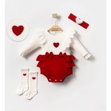 Lenna Baby Kız Bebek Kalp Nakışlı Fırfırlı Tulum Takımı %100 Pamuk Uzun Kollu Bebek Kombini Çorap ve Saç Bandı - 0 - 3 Ay - Kırmızı