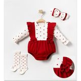 Lenna Baby Kız Bebek Kalpli Salopet Tulum Takım %100 Pamuk Body Askılı Romper ve Çoraplı Bebek Kombini - 6 - 9 Ay - Kırmızı