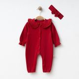Lenna Baby Kız Bebek Papatya Yaka Dantelli Tulum ve Fiyonklu Bandana Çiçek Işlemeli Bebe Yakalı %100 Pamuk - 0 - 3 Ay - Kırmızı