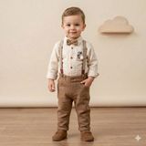 Lenna Baby Müslin Ponpon Tavşanlı 2'li Erkek Bebek Takım Papyon ve Pantolon Askılı - 6 - 9 Ay - Ekru