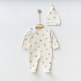 Lenna Baby Pamuk Baskılı Unisex Patikli Kendinden Eldivenli %100 Pamuk Uyku & Günlük Tulum - 3 - 6 Ay - Ekru