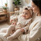 Lenna Baby Waffle Kumaş Fistonlu 2'li Tulum Kız Bebek Yenidoğan Mevlüt Takımı Bandanalı Hastane Çıkışı - 3 - 6 Ay - Bej