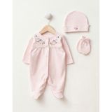 Lenna Baby Yenidoğan Kız Bebek Hastane Çıkışı 3'lü Set Çiçek Nakışlı Pamuklu Tulum Takımı - 0 - 3 Ay - Pembe