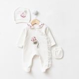 Lenna Baby Yenidoğan Kız Bebek Hastane Çıkışı 3'lü Set Çiçek Nakışlı Pamuklu Tulum Takımı - 3 - 6 Ay - Ekru