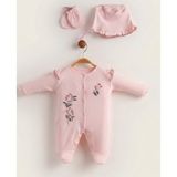 Lenna Baby Yenidoğan Kız Bebek Hastane Çıkışı 3'lü Set Gül Nakışlı Pamuklu Tulum Takımı - 0 - 3 Ay - Pembe