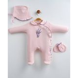 Lenna Baby Yenidoğan Kız Bebek Hastane Çıkışı 3'lü Set Lavanta Nakışlı Pamuklu Tulum Takımı - 0 - 3 Ay - Pembe