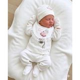 Lenna Baby Yenidoğan Kız Bebek Hastane Çıkışı 5'li Set Çiçek Nakışlı Pamuklu Bebek Takım - 0 - 3 Ay - Ekru