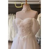 Lenta Moda Beyaz Dantel Boyunluk Hediyeli İşlemeli Karolin Gelinlik ve Nikah Elbisesi
