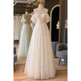 Lenta Moda Beyaz İşlemeli Dantel Detaylı Simli Lez Gelinlik ve Nikah Elbisesi