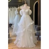 Lenta Moda Beyaz Simli Gren Etekli ve Üç Boyutlu Dantel Detaylı Abiye & Nişan Elbisesi