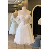 Lenta Moda Beyaz Simli Lez Etekli Mini After Parti ve Nikah Elbisesi