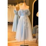 Lenta Moda Buz Mavi Drapeli Çiçekli Karolin Etek Midi Parti Elbisesi
