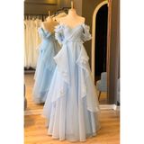Lenta Moda Buz Mavi Drapeli ve Üç Boyutlu Çiçek Detaylı Karolin Abiye & Nişan Elbisesi