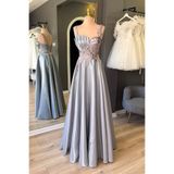 Lenta Moda Gri Parlak Saten Drape ve Dantel Detaylı Maxi Abiye ve Gece Elbisesi