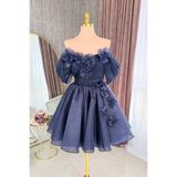 Lenta Moda Lacivert Drapeli Çiçekli Karolin Etek Mini Parti Elbisesi