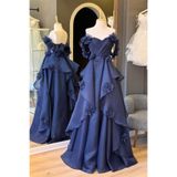 Lenta Moda Lacivert Drapeli ve Üç Boyutlu Çiçek Detaylı Karolin Abiye & Nişan Elbisesi