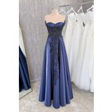 Lenta Moda Lacivert Straplez Yaka Dantel Kaplama Maxi Boy Saten Abiye Ve Kına Elbisesi