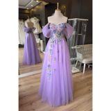 Lenta Moda Lila Renkli Pullu Çiçek Desen Dantel Kaplama Maxi Boy Abiye ve Gece Elbise