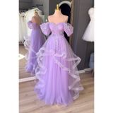 Lenta Moda Lila Simli Gren Etekli ve Üç Boyutlu Dantel Detaylı Abiye & Nişan Elbisesi