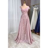 Lenta Moda Pudra Çiçekli Dantel Kaplama Lizbon Saten Abiye Ve Gece Elbisesi