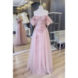 Lenta Moda Pudra İşlemeli Dantel Ve Üç Boyutlu Dantel Kaplamalı Maxi Abiye ve Nişan Elbisesi