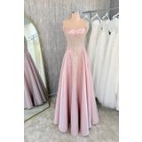 Lenta Moda Pudra Straplez Yaka Dantel Kaplama Maxi Boy Saten Abiye Ve Kına Elbisesi