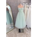 Lenta Moda Su Yeşili Drapeli Ve İnci Detaylı Midi Boy Tül Abiye & Nikah Elbisesi