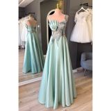 Lenta Moda Su Yeşili Parlak Saten Drape ve Dantel Detaylı Maxi Abiye ve Gece Elbisesi