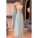 Lenta Moda Su Yeşili Yaprak Desen Dantel Detaylı Şal Hediyeli Şifon Abiye Ve Gece Elbisesi