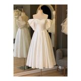 Lenta Wedding Beyaz Brokar Düşük Kollu Sindirella Kalp Yaka Midi Boy Nişan Ve Gece Elbisesi