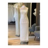 Lenta Wedding Beyaz İncili Dantel Kaplama Straplez Şal Detaylı Uzun Kalem Nişan ve Gece Elbisesi