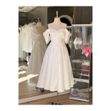 Lenta Wedding Beyaz Lizbon Saten Düşük Kollu Midi Boy Sindirella Nişan Ve Gece Elbisesi