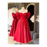 Lenta Wedding Kırmızı Lizbon Saten Düşük Kollu Midi Boy Sindirella Nişan Ve Gece Elbisesi