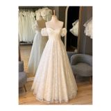 Lenta Wedding Krem Lez Dantel Balon Kollu Maxi boy Gelinlik ve Nişanlık