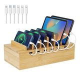 LEOKKARR Birden Fazla Cihaz için Bambu Şarj İstasyonu, Apple Cihazları için Yükseltme Masası Yerleştirme İstasyonları Düzenleyici, Ahşap Şarj Cep Telefonu Tutucu Standı (6 Kablo Dahil) (Güç Kaynağı Yok)