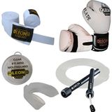 Leon Blade Training Boks, Kick Boks ve Muay Thai Eldiveni Atlama Ipi Dişlik ve Bandaj Seti 3,5 Metre - Beyaz - 10 oz