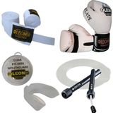 Leon Blade Training Boks, Kick Boks ve Muay Thai Eldiveni Atlama Ipi Dişlik ve Bandaj Seti 3,5 Metre - Beyaz - 8 oz