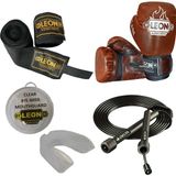 Leon Blade Training Boks, Kick Boks ve Muay Thai Eldiveni Atlama Ipi Dişlik ve Bandaj Seti 3,5 Metre - Kahverengi - 8 oz