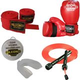 Leon Blade Training Boks, Kick Boks ve Muay Thai Eldiveni Atlama Ipi Dişlik ve Bandaj Seti 3,5 Metre - Kırmızı - 8 oz