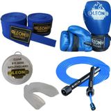 Leon Blade Training Boks, Kick Boks ve Muay Thai Eldiveni Atlama Ipi Dişlik ve Bandaj Seti 3,5 Metre - Mavi - 8 oz