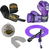 Leon Blade Training Boks, Kick Boks ve Muay Thai Eldiveni Atlama Ipi Dişlik ve Bandaj Seti 3,5 Metre - Mor - 10 oz