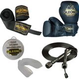 Leon Blade Training Boks, Kick Boks ve Muay Thai Eldiveni Atlama Ipi Dişlik ve Bandaj Seti 3,5 Metre - Siyah - 10 oz
